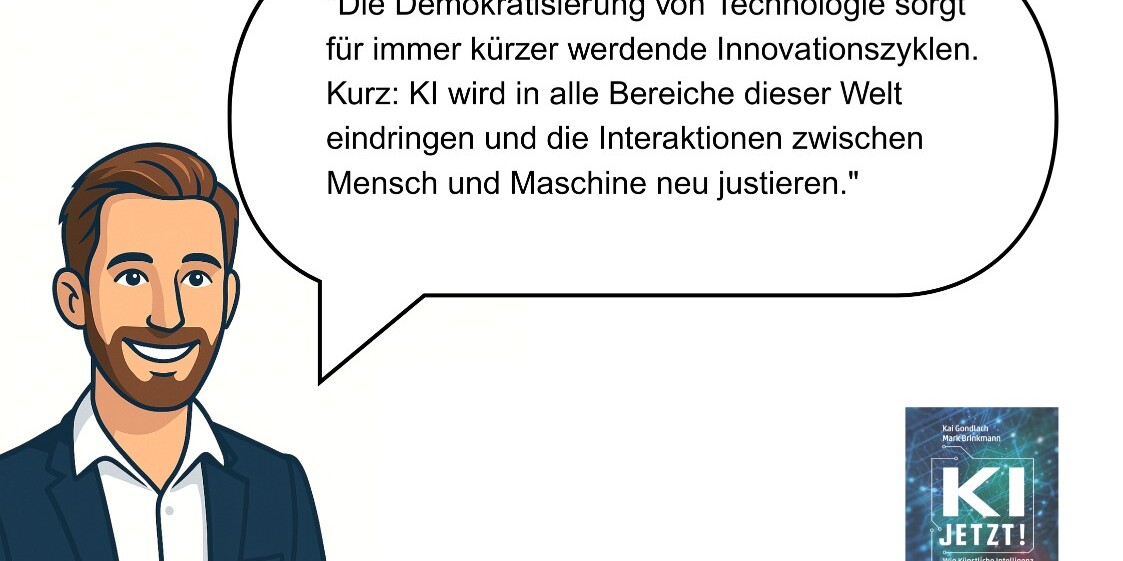 Illustration mit Kai Gondlach und Zitat „Die europäische Wirtschaft wird ihre Rolle nur erhalten können, wenn sie den Sprung in die KI-Welt schafft.“