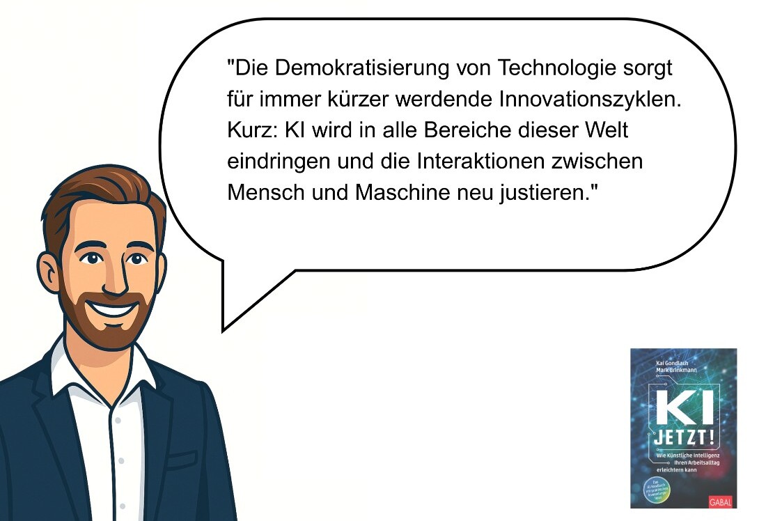 Illustration mit Kai Gondlach und Zitat „Die europäische Wirtschaft wird ihre Rolle nur erhalten können, wenn sie den Sprung in die KI-Welt schafft.“