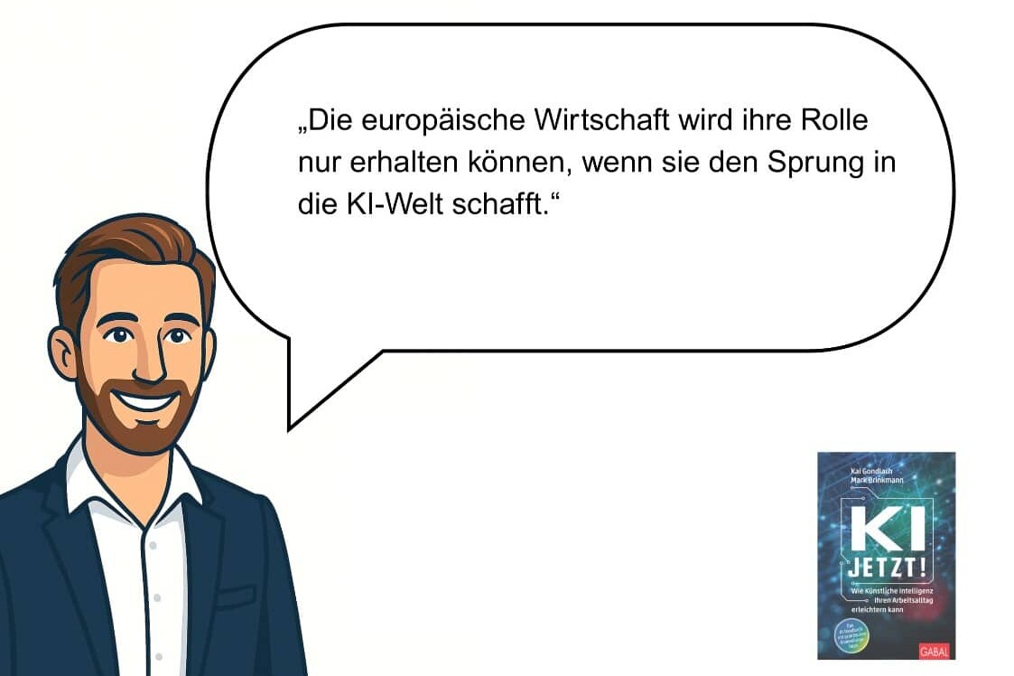 Illustration mit Kai Gondlach und Zitat „Die europäische Wirtschaft wird ihre Rolle nur erhalten können, wenn sie den Sprung in die KI-Welt schafft.“